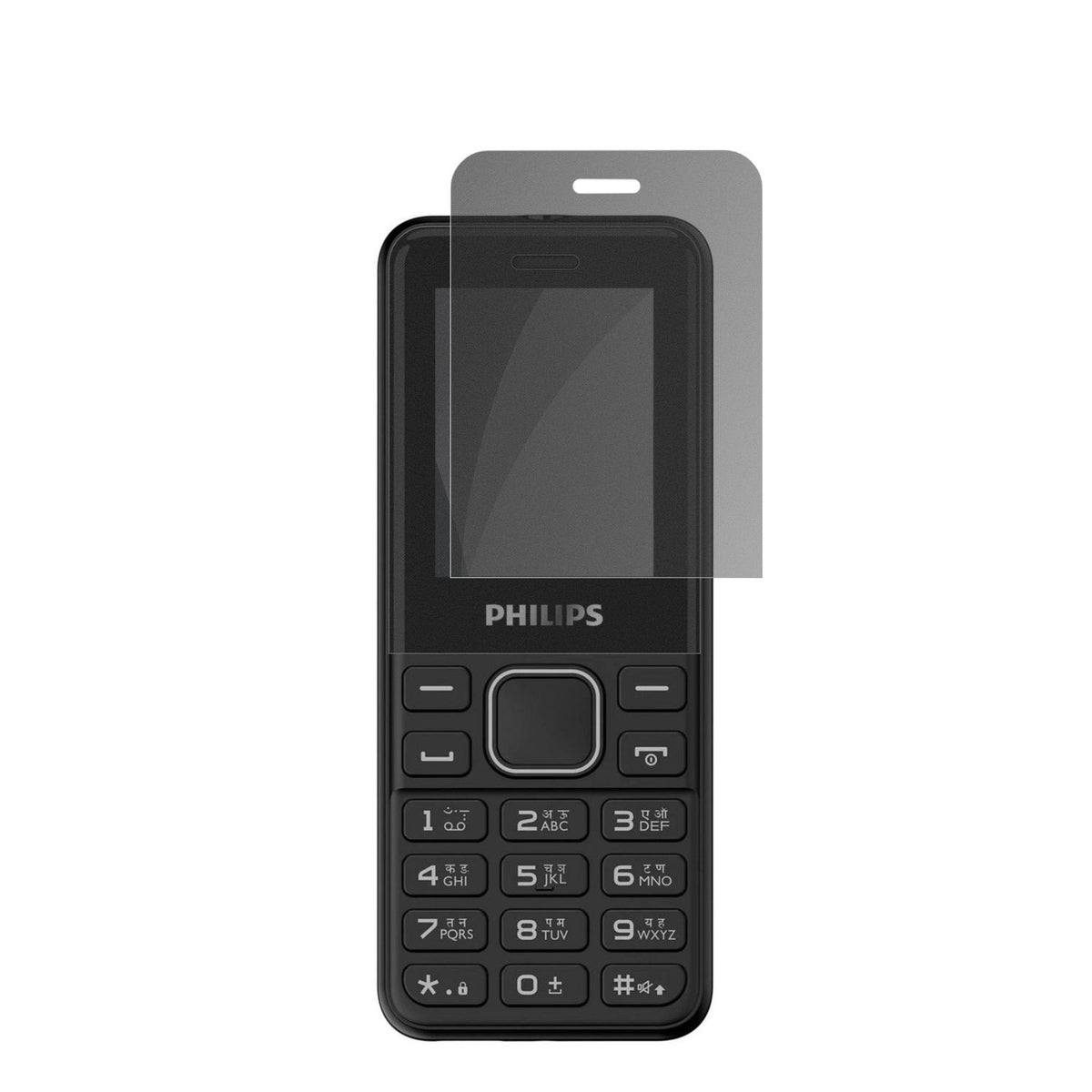 PhilipsE2103 mit aufgebrachter dipos Flex Schutzfolie, die seitliche Einblicke blockiert