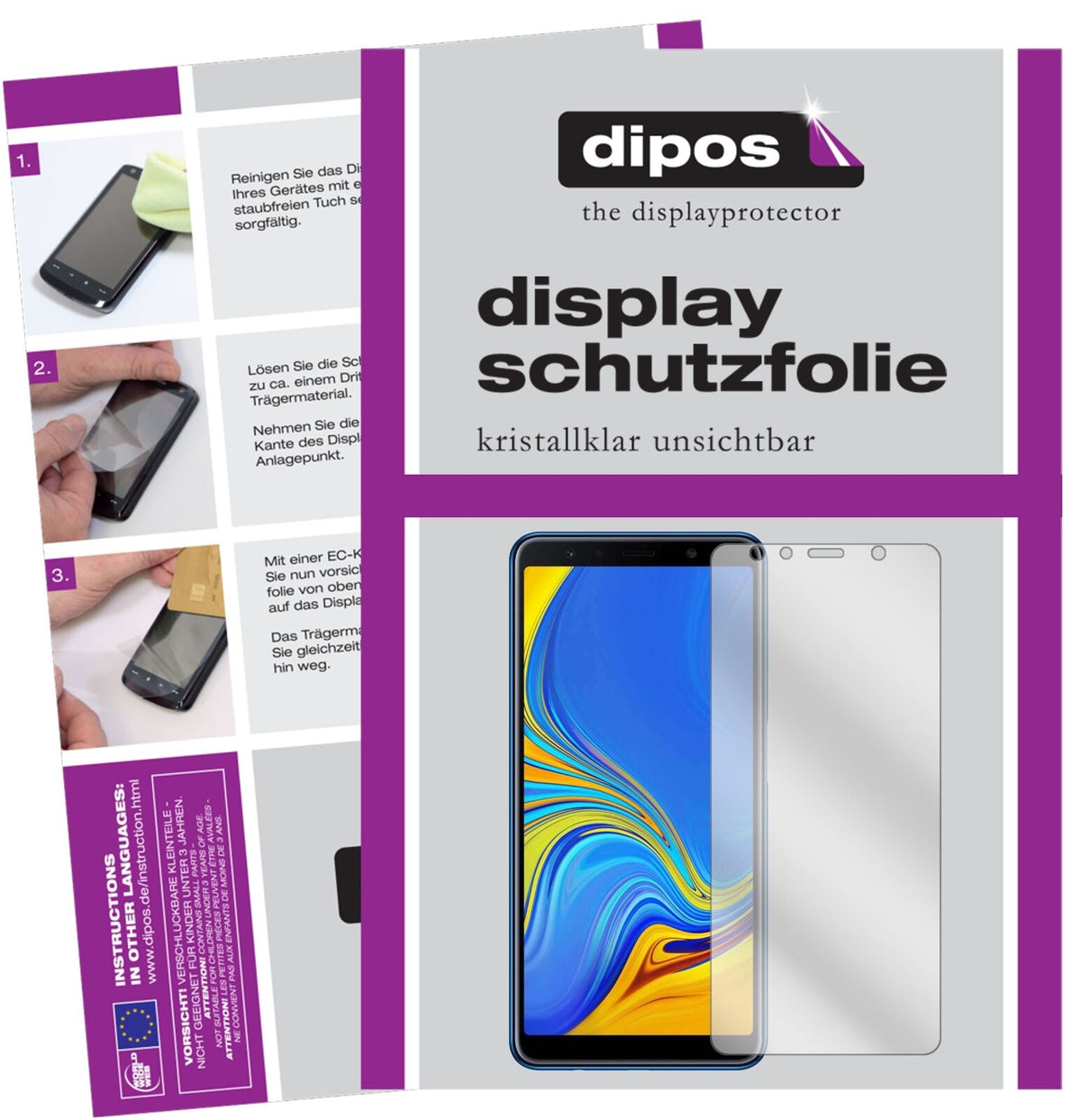 SamsungGalaxy A7 (2018) mit aufgebrachter dipos Displayschutzfolie, glasklare Darstellung ohne Einschränkungen