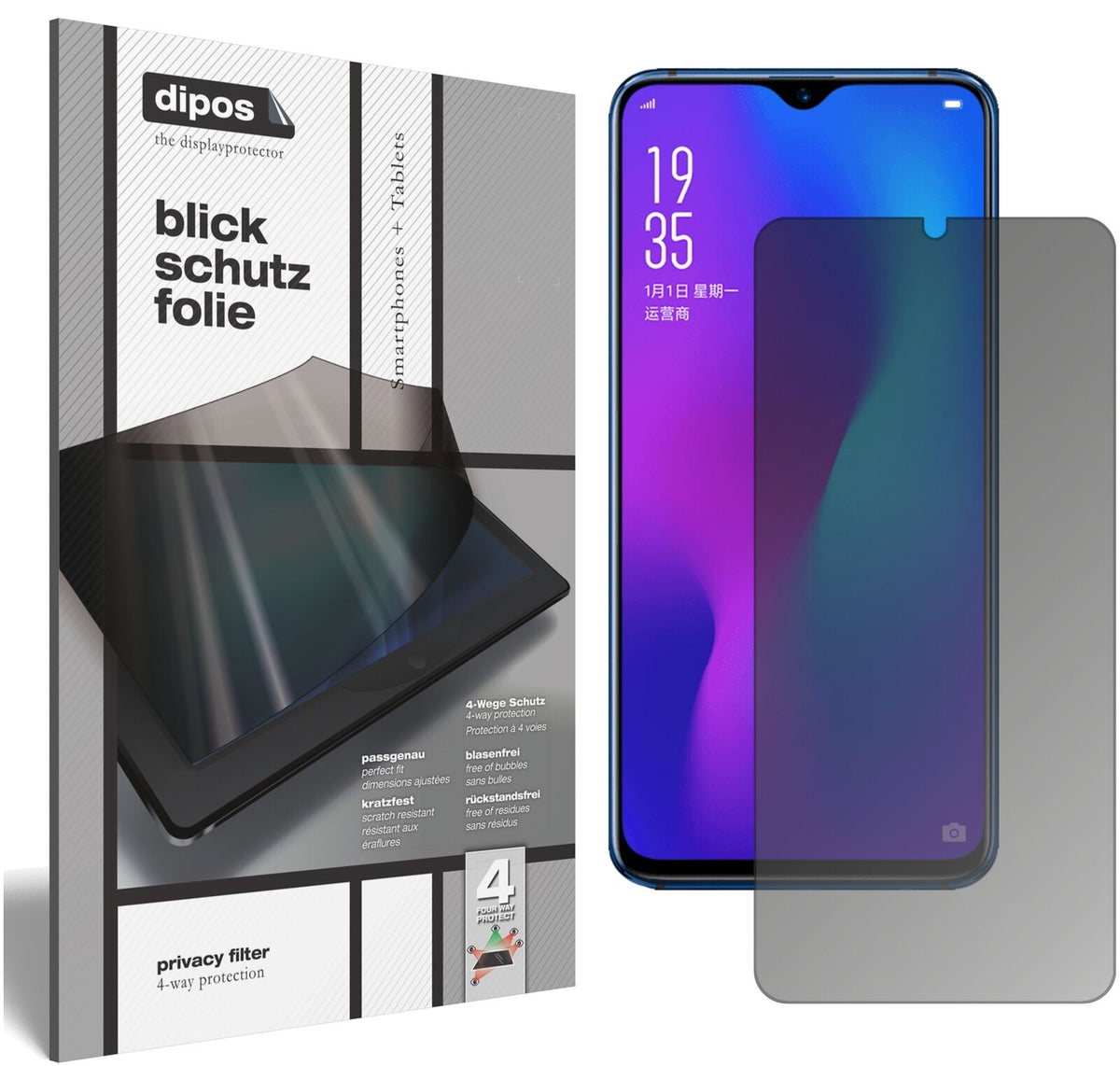 OppoR17 mit aufgebrachtem dipos Displayschutz, der seitliche Einblicke blockiert