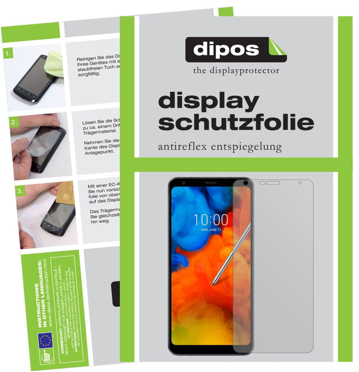 LGQ Stylus Plus mit aufgebrachter dipos Displayschutzfolie, die lästige Fingerabdrücke minimiert