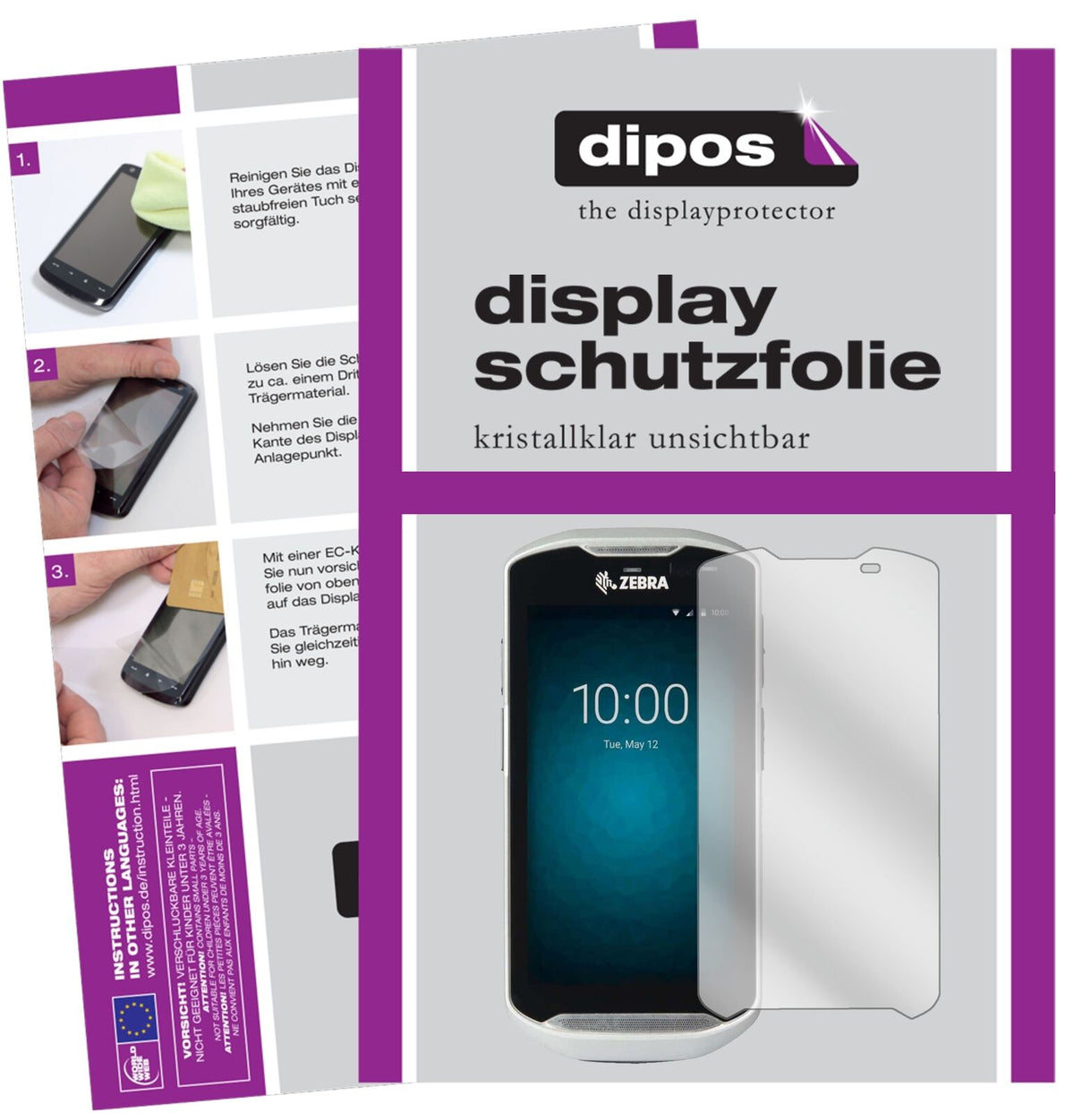 ZebraTC51 mit aufgebrachter dipos Displayschutzfolie, glasklare Darstellung ohne Einschränkungen
