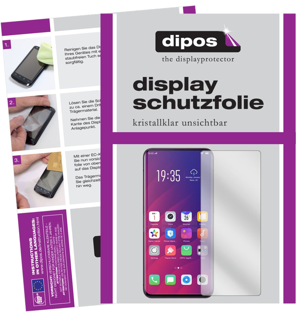 OppoFind X mit aufgebrachter dipos Displayschutzfolie, glasklare Darstellung ohne Einschränkungen