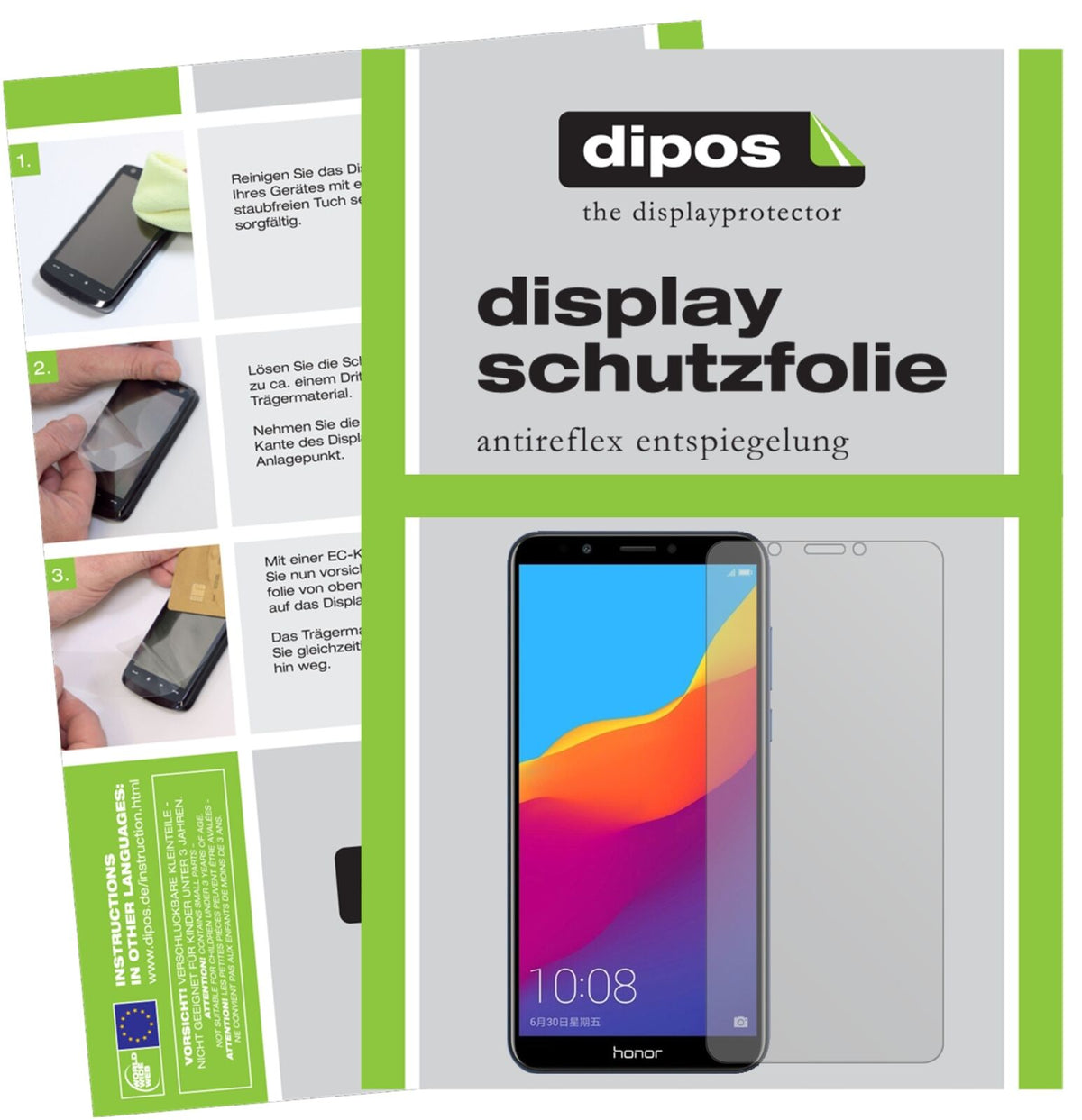HuaweiHonor 7C mit aufgebrachter dipos Displayschutzfolie, die lästige Fingerabdrücke minimiert