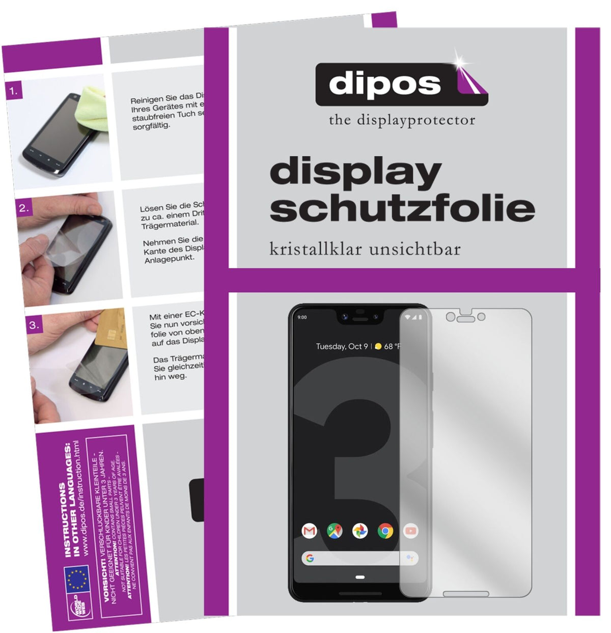 GooglePixel 3 XL mit aufgebrachter dipos Displayschutzfolie, glasklare Darstellung ohne Einschränkungen