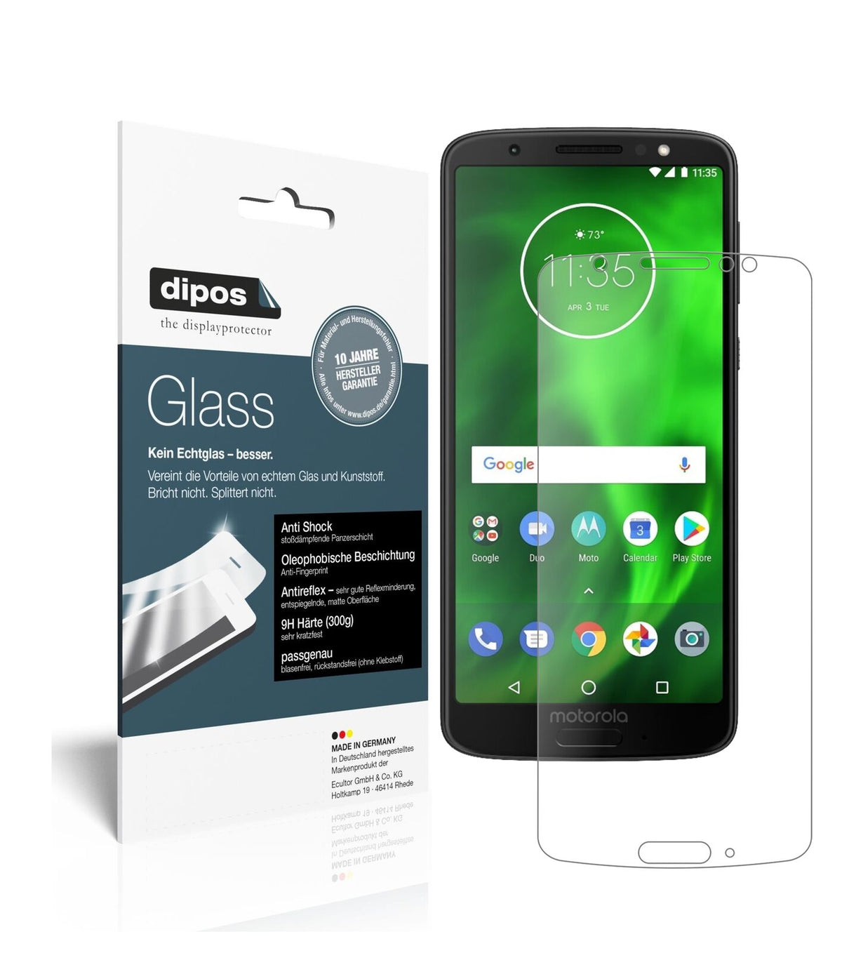 LenovoMoto G6 Plus mit aufgebrachter dipos Panzerfolie, die lästige Fingerabdrücke minimiert