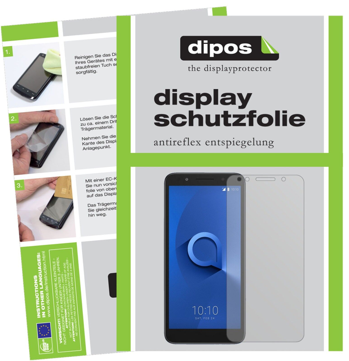 Alcatel1X mit aufgebrachter dipos Displayschutzfolie, die lästige Fingerabdrücke minimiert