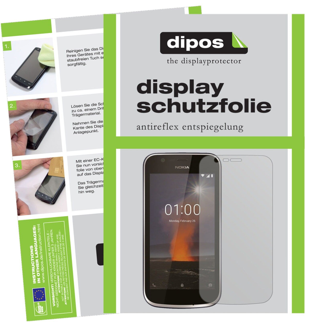 Nokia1 mit aufgebrachter dipos Displayschutzfolie, die lästige Fingerabdrücke minimiert