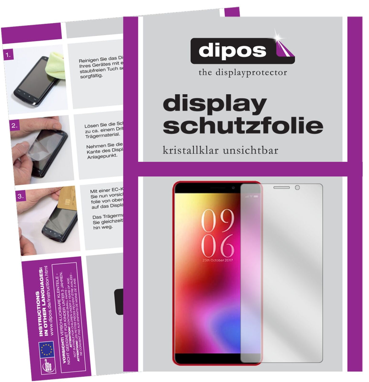 ElephoneA3 mit aufgebrachter dipos Displayschutzfolie, glasklare Darstellung ohne Einschränkungen