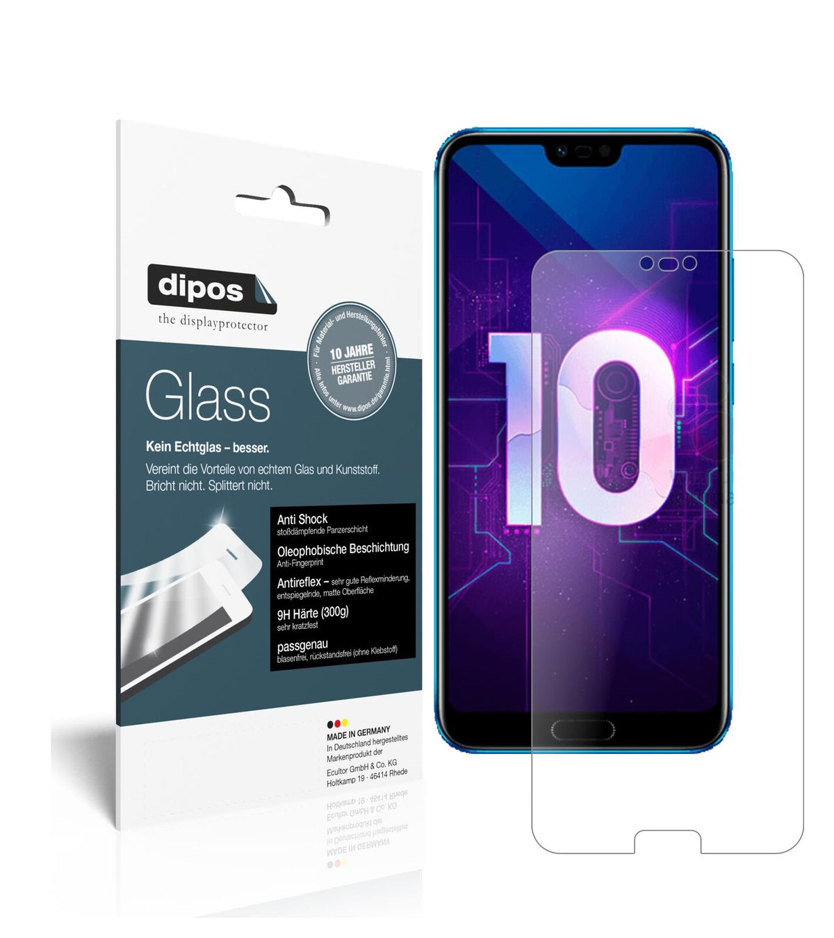 HuaweiHonor 10 mit aufgebrachter dipos Panzerfolie, die lästige Fingerabdrücke minimiert
