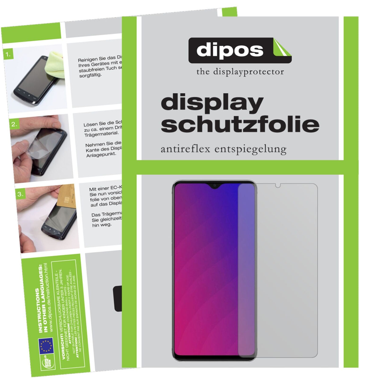 OppoF9 Pro mit aufgebrachter dipos Displayschutzfolie, die lästige Fingerabdrücke minimiert