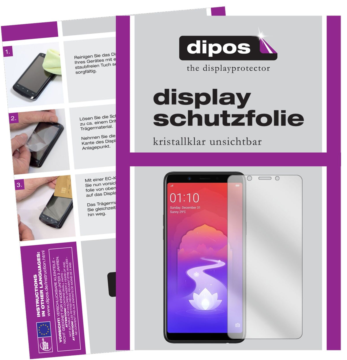 OppoRealme 1 mit aufgebrachter dipos Displayschutzfolie, glasklare Darstellung ohne Einschränkungen