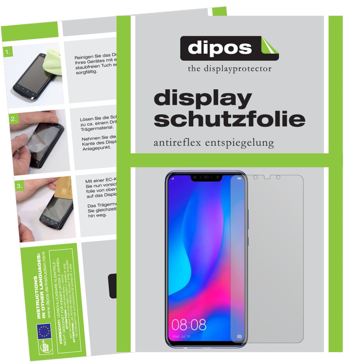 HuaweiNova 3i mit aufgebrachter dipos Displayschutzfolie, die lästige Fingerabdrücke minimiert