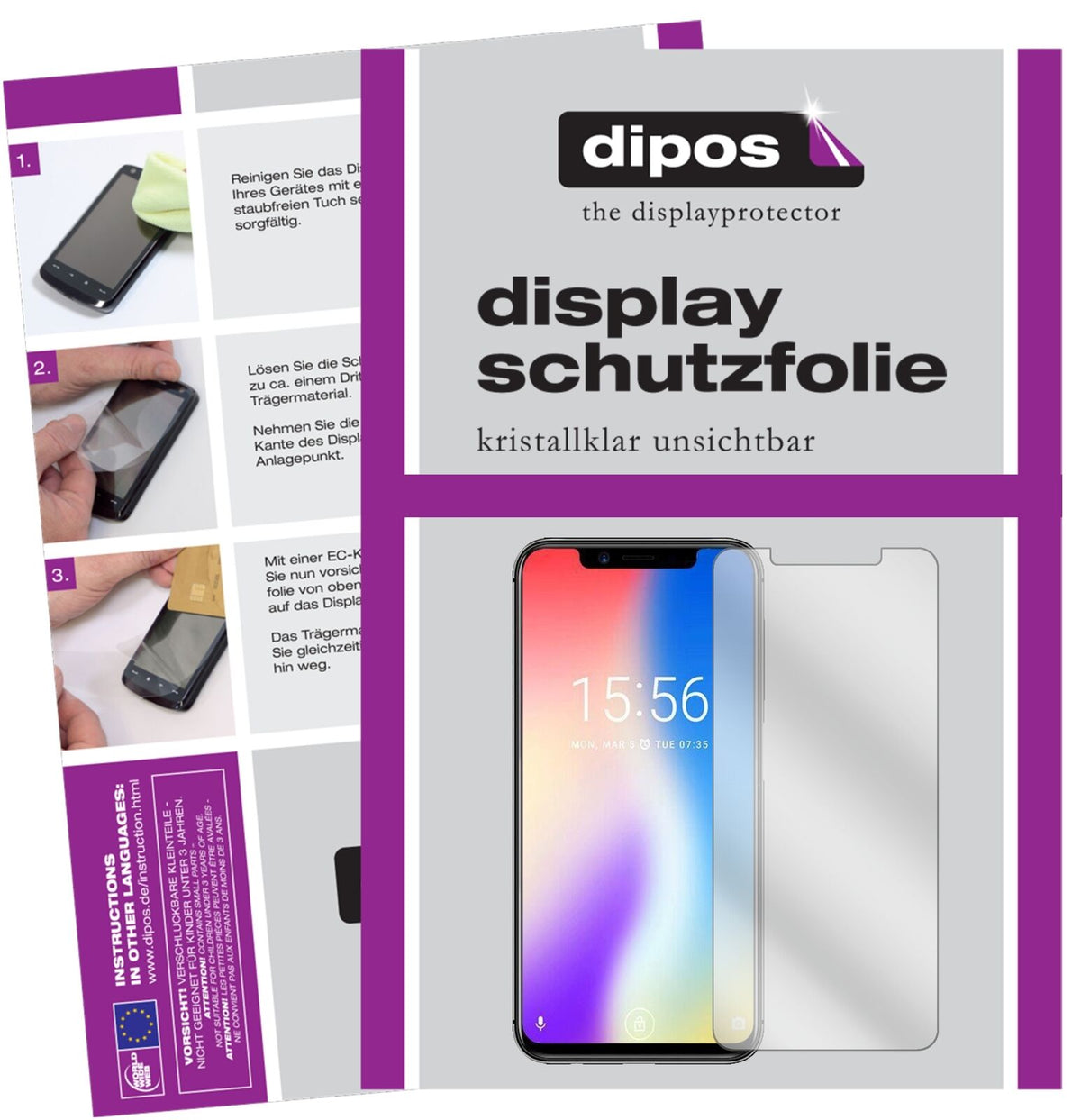 UmidigiOne mit aufgebrachter dipos Displayschutzfolie, glasklare Darstellung ohne Einschränkungen