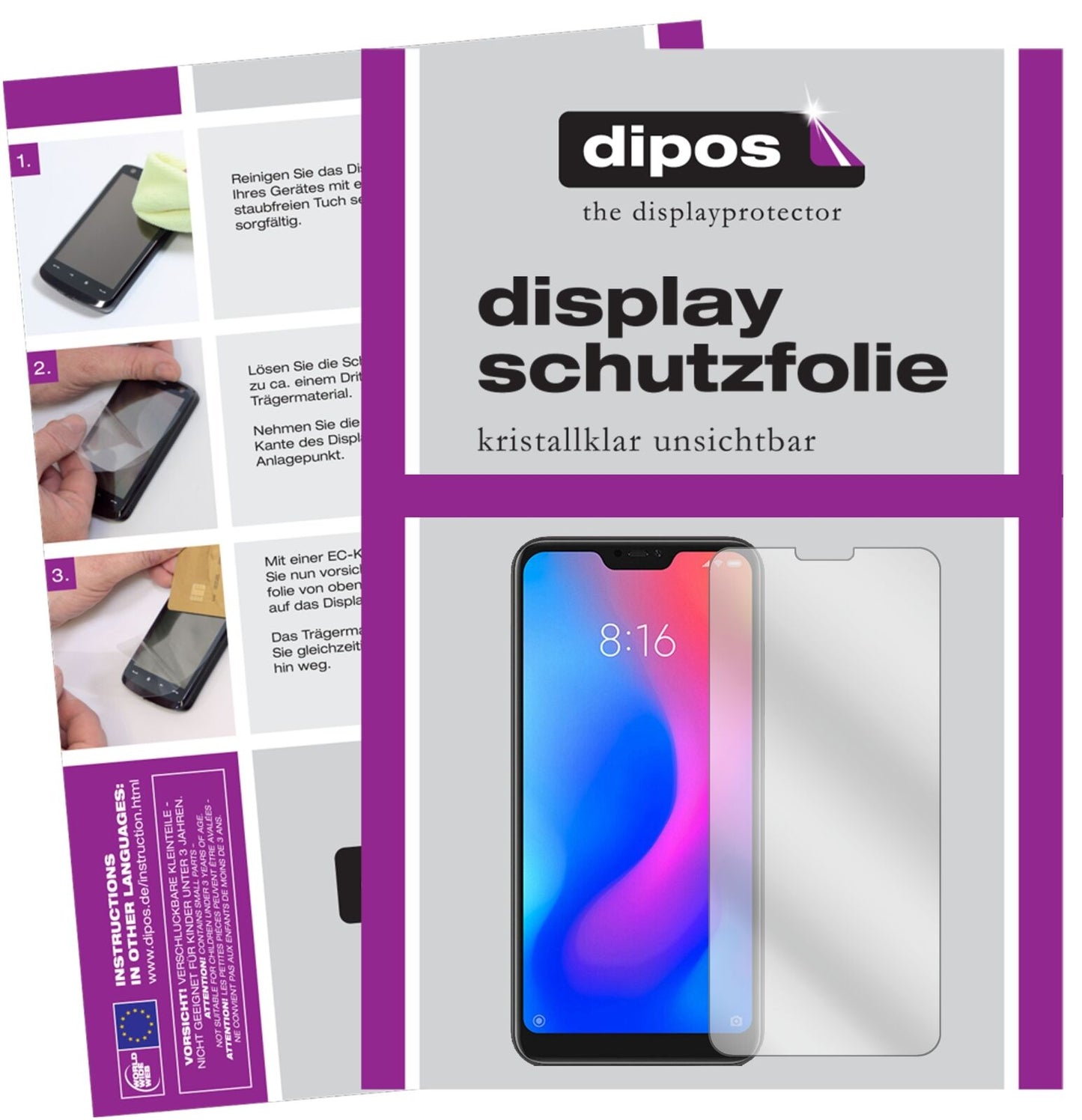 XiaomiRedmi 6 Pro mit aufgebrachter dipos Displayschutzfolie, glasklare Darstellung ohne Einschränkungen