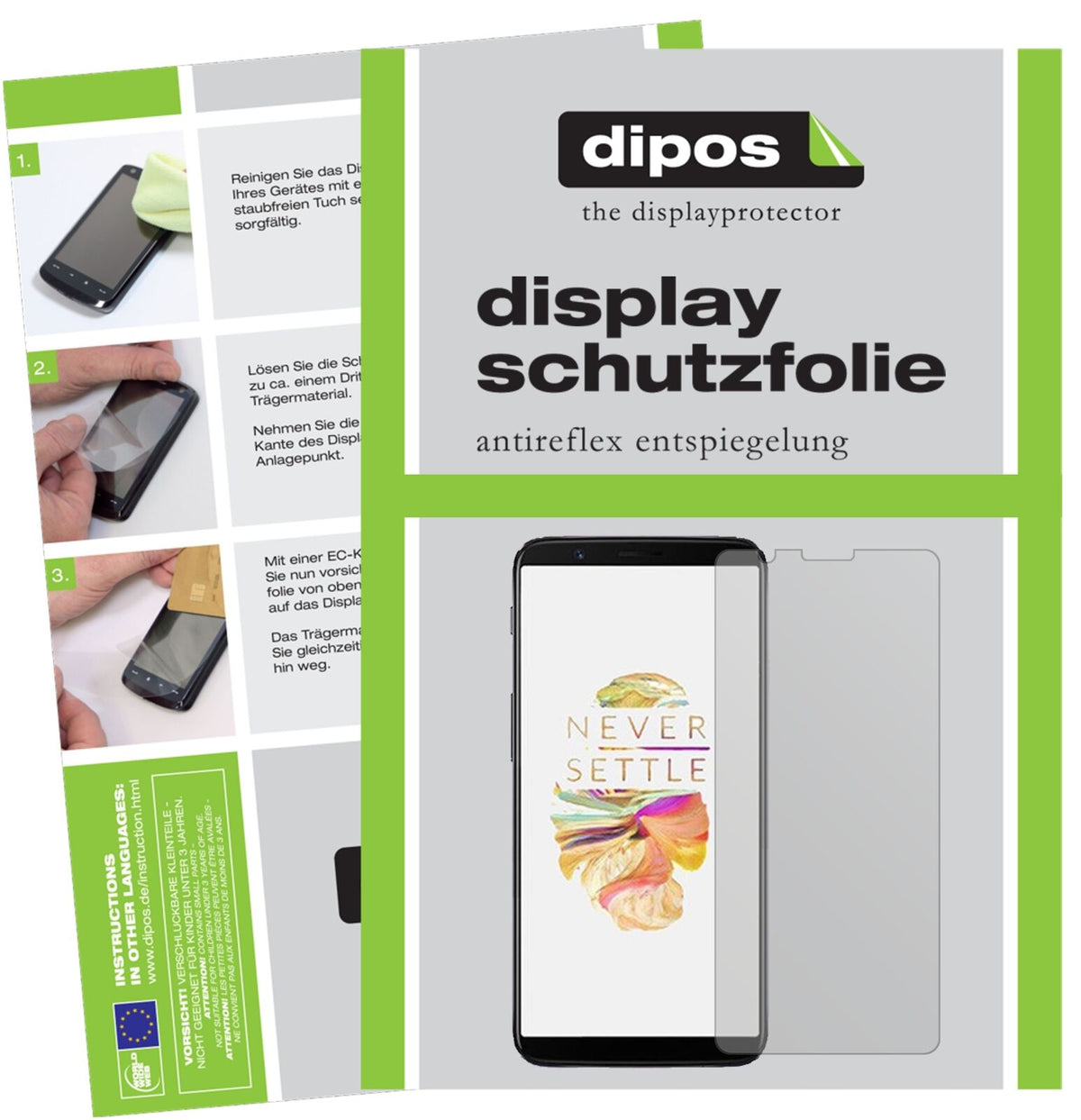 OnePlus5T mit aufgebrachter dipos Displayschutzfolie, die lästige Fingerabdrücke minimiert