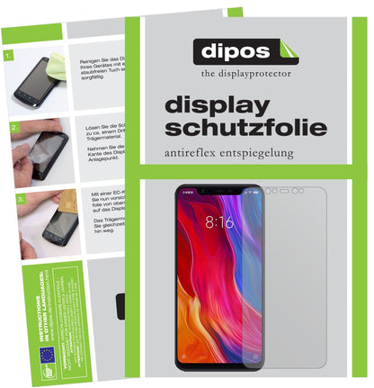 XiaomiMi 8 mit aufgebrachter dipos Displayschutzfolie, die lästige Fingerabdrücke minimiert