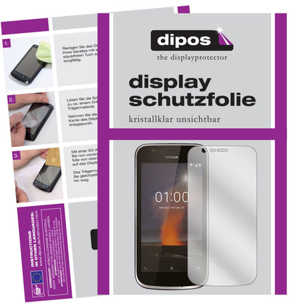 Nokia1 mit aufgebrachter dipos Displayschutzfolie, glasklare Darstellung ohne Einschränkungen