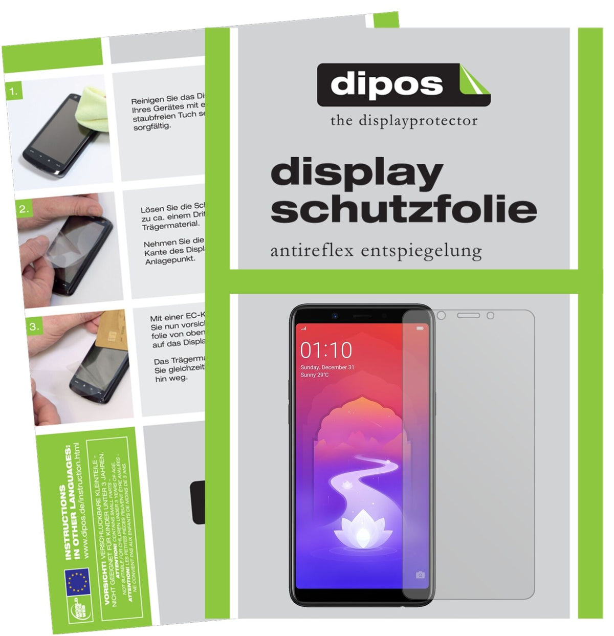OppoRealme 1 mit aufgebrachter dipos Displayschutzfolie, die lästige Fingerabdrücke minimiert