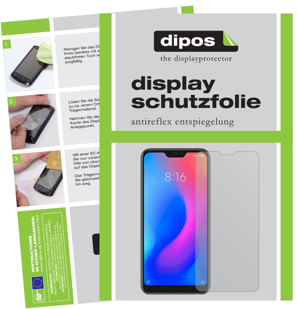 XiaomiRedmi 6 Pro mit aufgebrachter dipos Displayschutzfolie, die lästige Fingerabdrücke minimiert