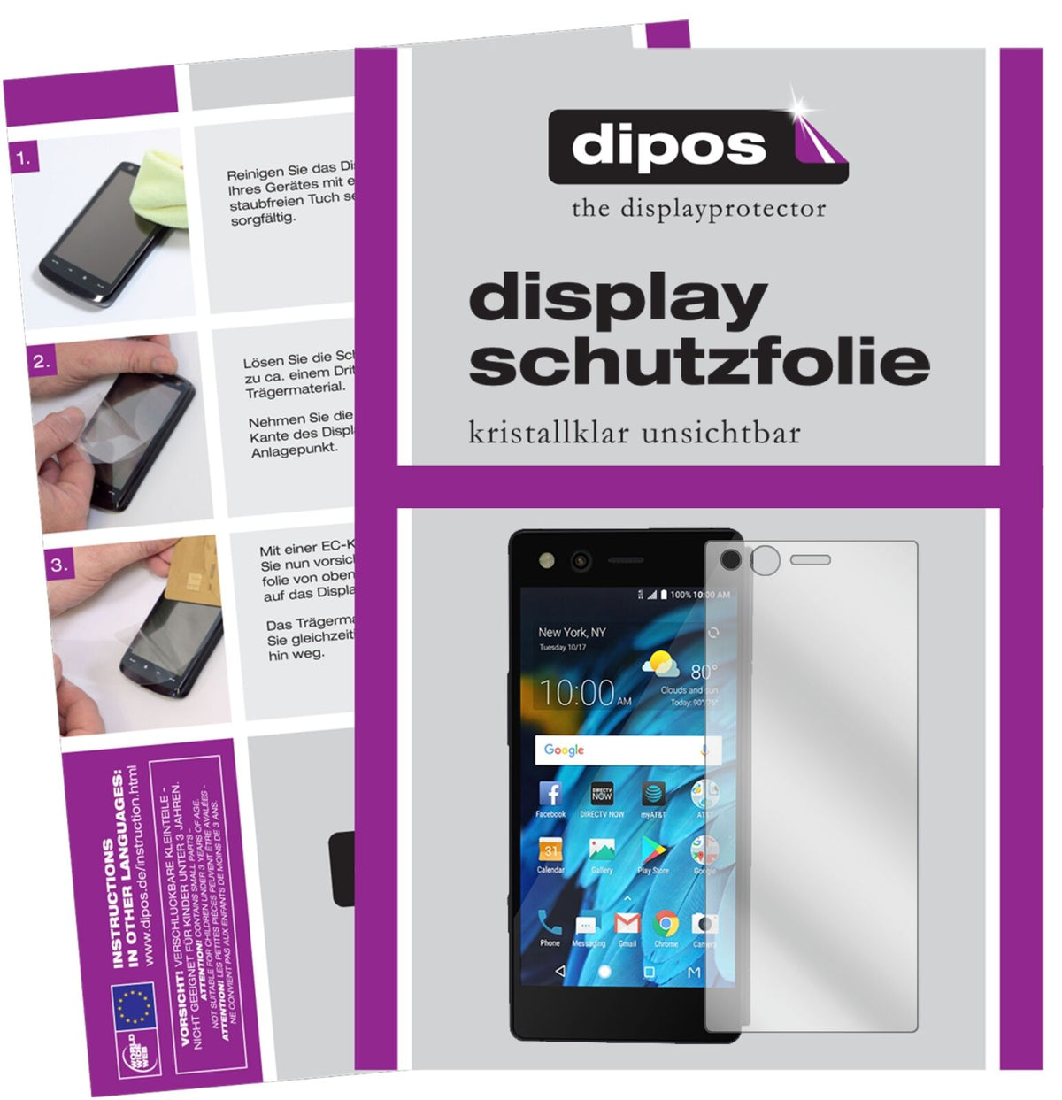 ZTEAxon M mit aufgebrachter dipos Displayschutzfolie, glasklare Darstellung ohne Einschränkungen