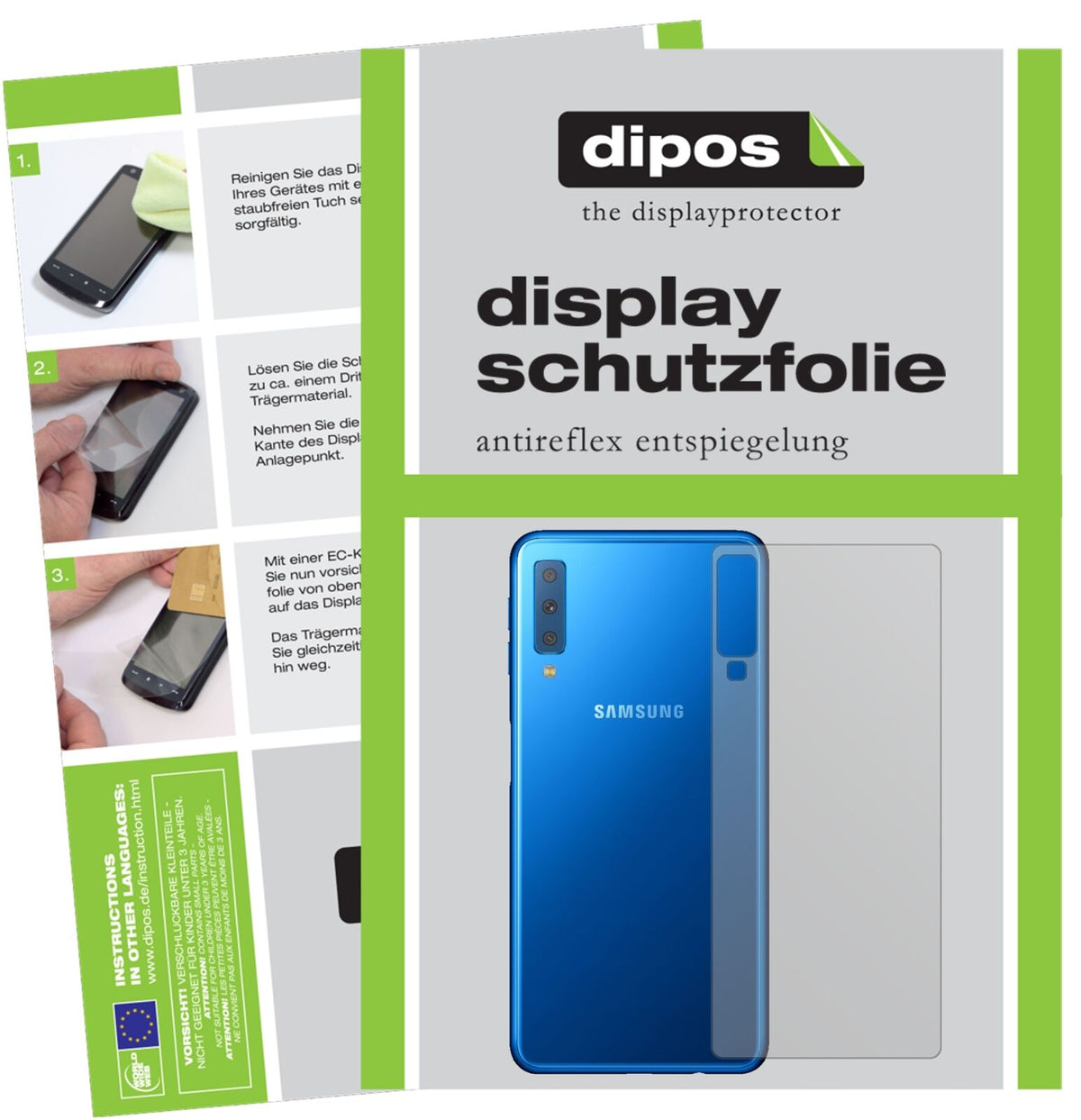 SamsungGalaxy A7 (2018) Rückseite mit aufgebrachter dipos Displayschutzfolie, die lästige Fingerabdrücke minimiert