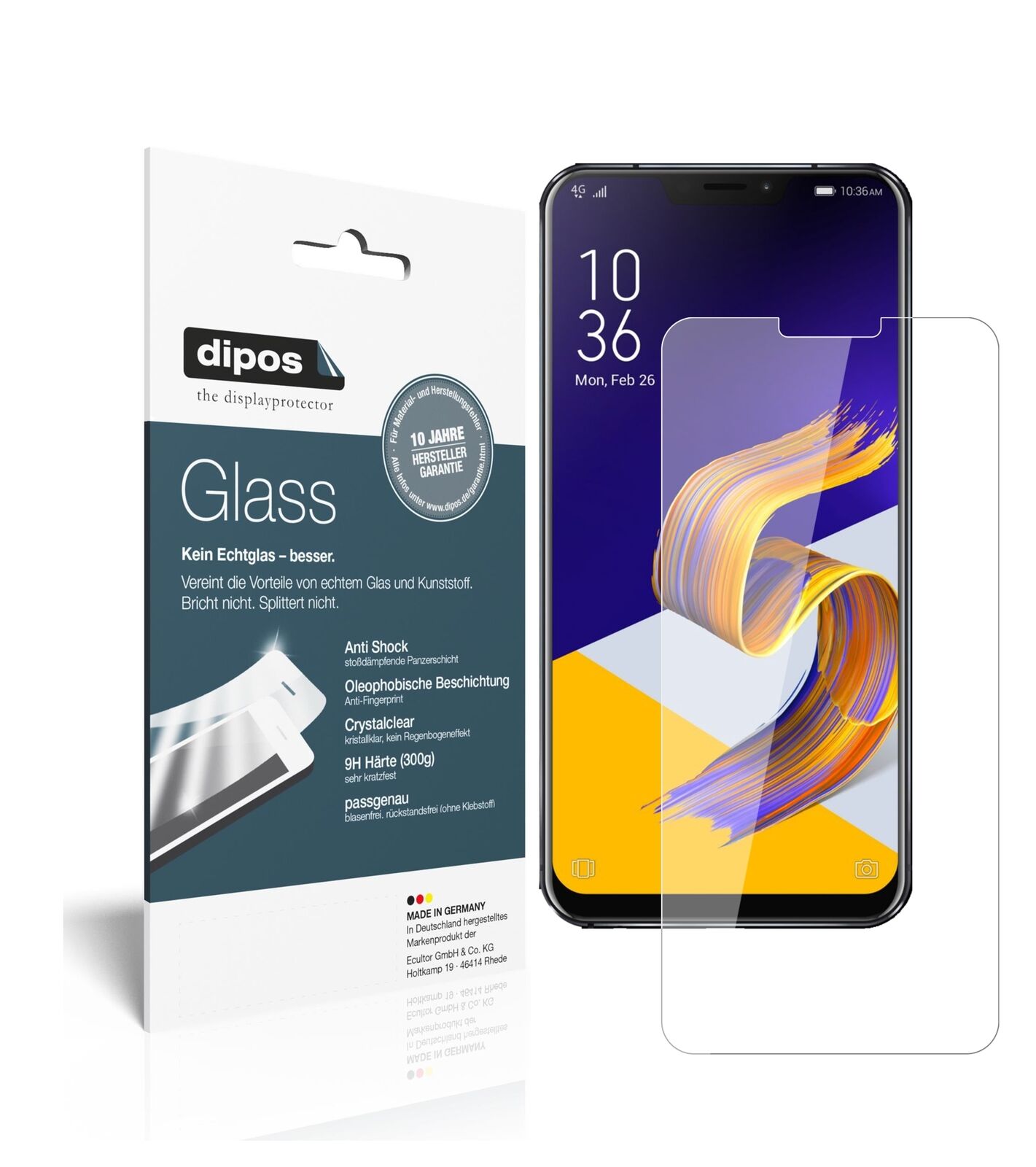 AsusZenfone 5Z ZS620KL mit aufgebrachter dipos Flex Schutzfolie, glasklare Darstellung ohne Einschränkungen