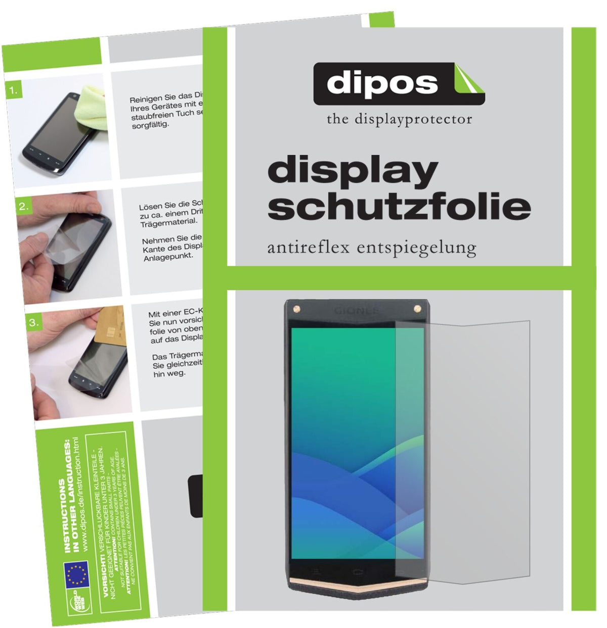 GioneeW919 mit aufgebrachter dipos Displayschutzfolie, die lästige Fingerabdrücke minimiert