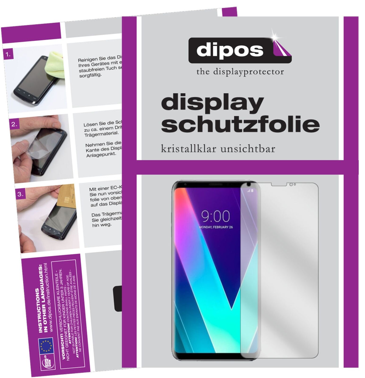 LGV30S+ ThinQ mit aufgebrachter dipos Displayschutzfolie, glasklare Darstellung ohne Einschränkungen