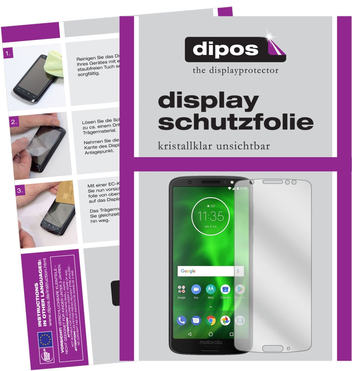 LenovoMoto G6 mit aufgebrachter dipos Displayschutzfolie, glasklare Darstellung ohne Einschränkungen
