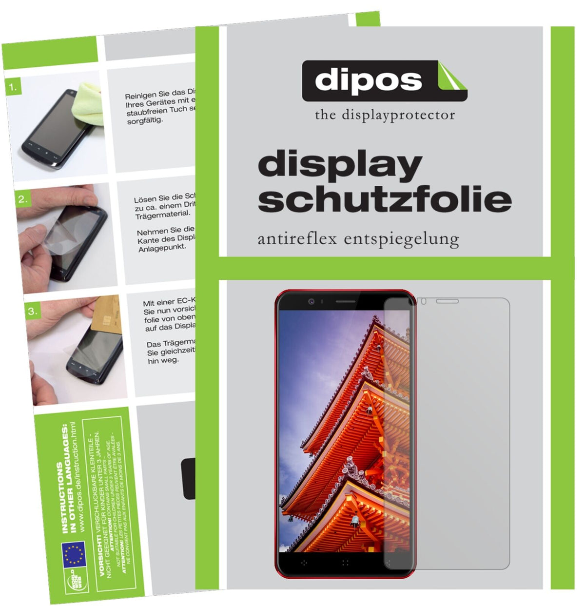 ElephoneP8 3D mit aufgebrachter dipos Displayschutzfolie, die lästige Fingerabdrücke minimiert