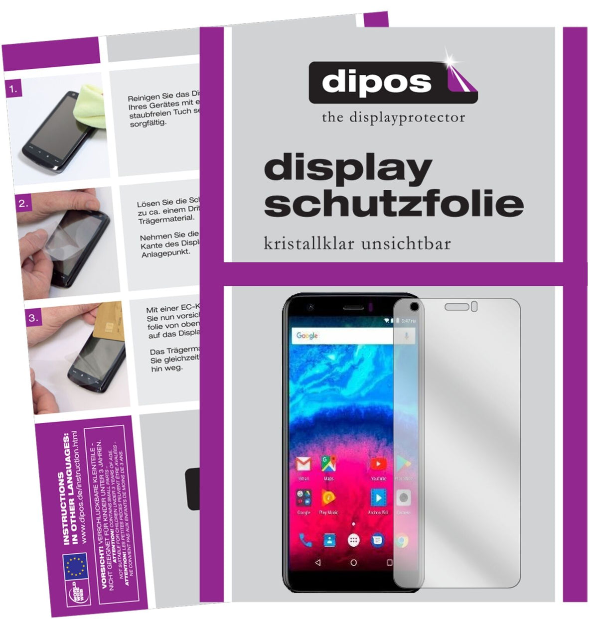 ArchosCore 55S mit aufgebrachter dipos Displayschutzfolie, glasklare Darstellung ohne Einschränkungen
