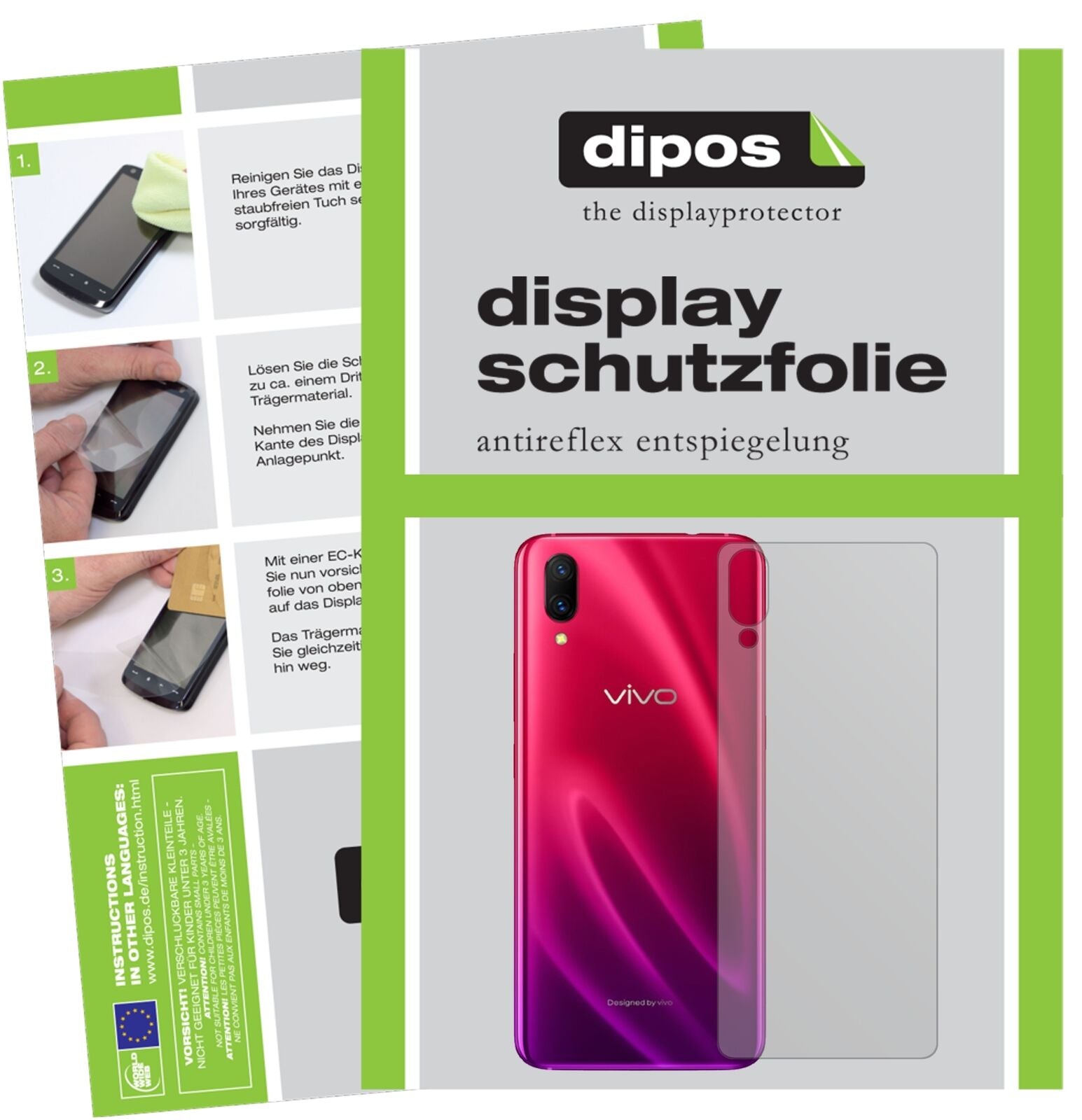 VivoX23 Rückseite mit aufgebrachter dipos Displayschutzfolie, die lästige Fingerabdrücke minimiert