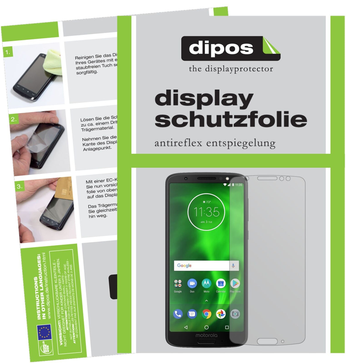 LenovoMoto G6 mit aufgebrachter dipos Displayschutzfolie, die lästige Fingerabdrücke minimiert