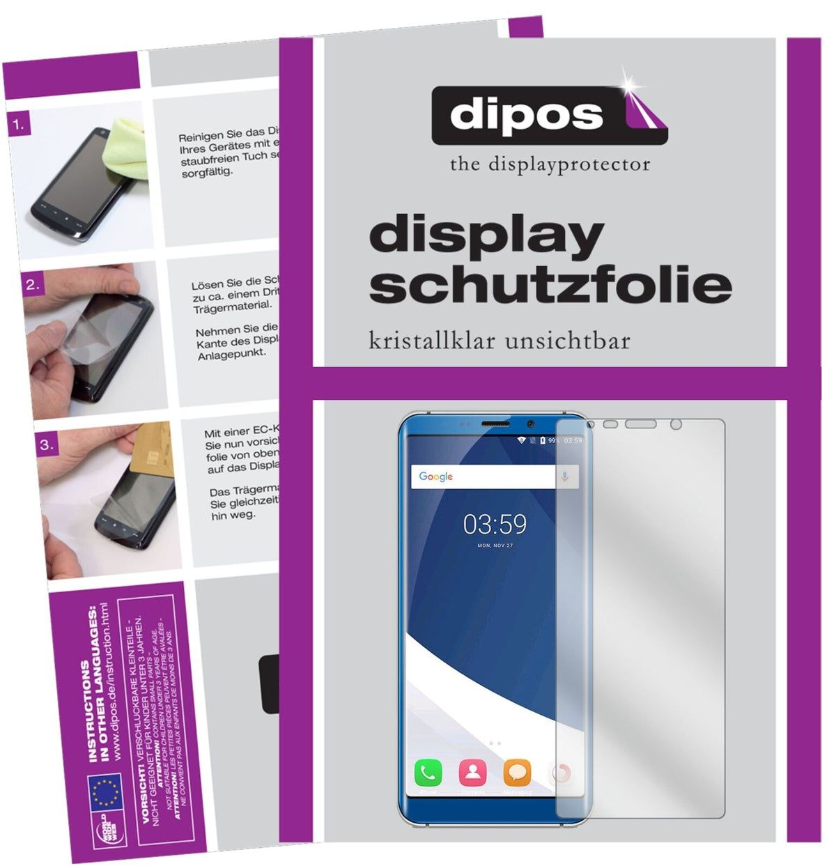 KoolneeK1 mit aufgebrachter dipos Displayschutzfolie, glasklare Darstellung ohne Einschränkungen