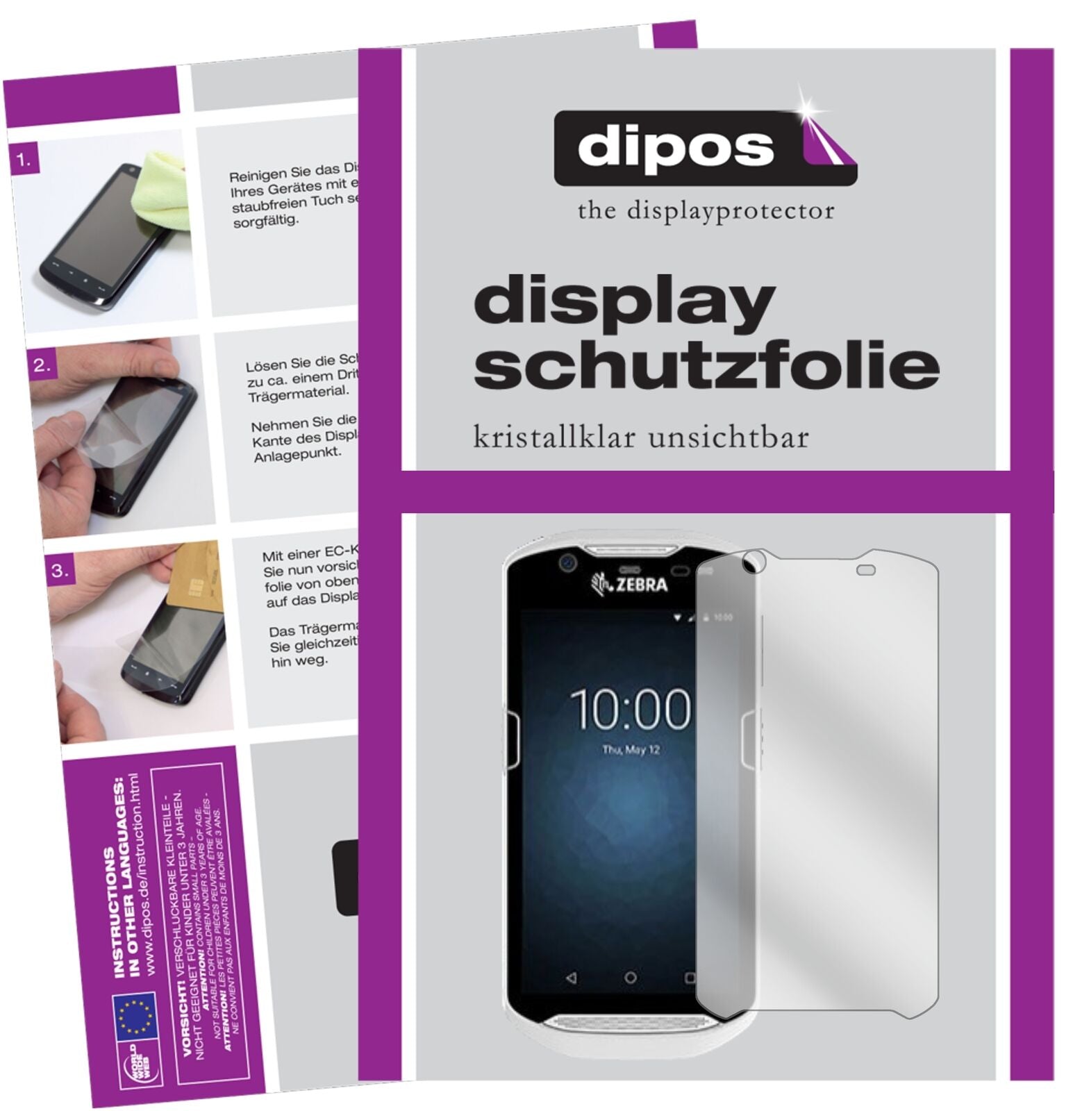 ZebraTC56 mit aufgebrachter dipos Displayschutzfolie, glasklare Darstellung ohne Einschränkungen