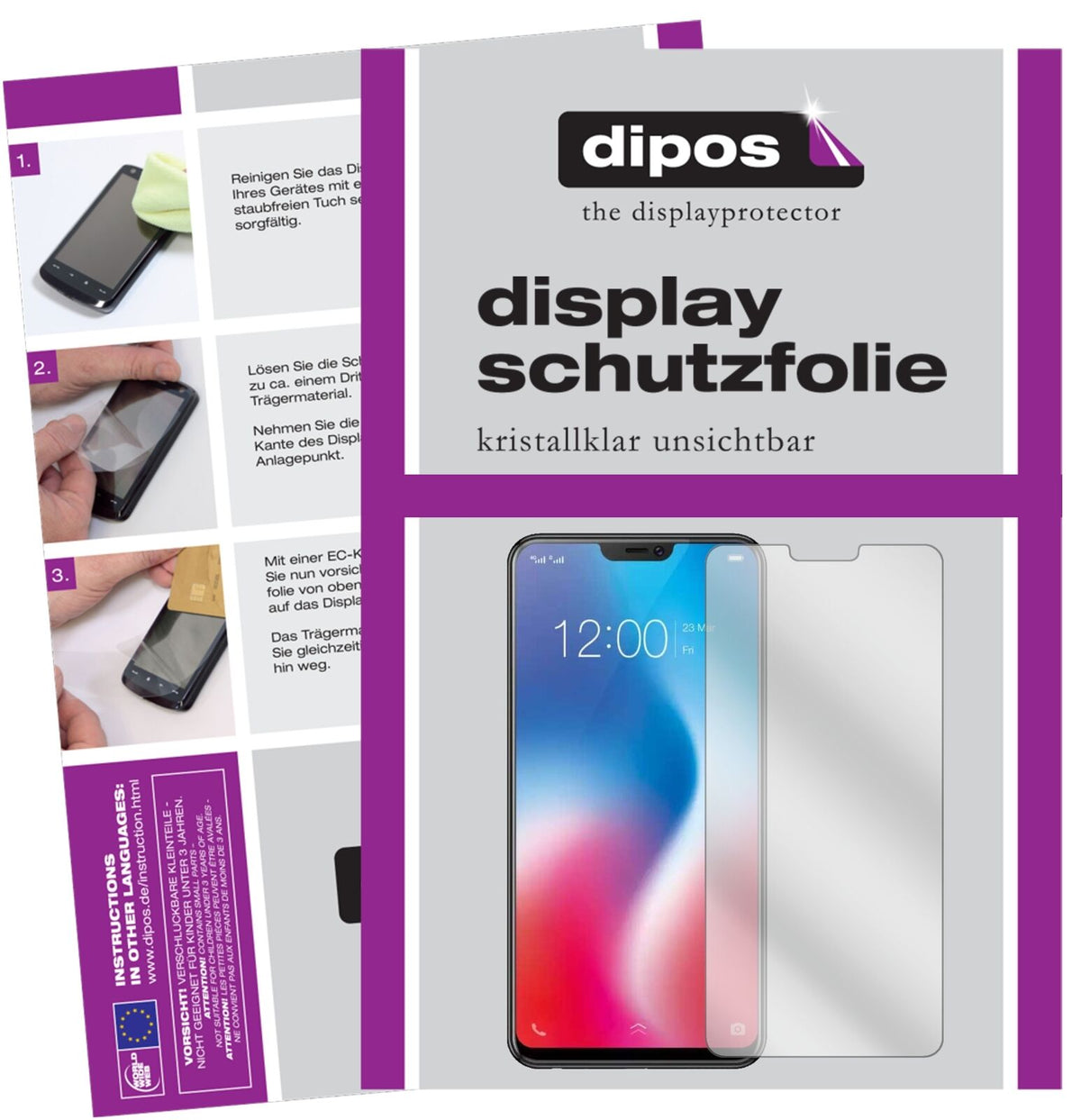 VivoV9 mit aufgebrachter dipos Displayschutzfolie, glasklare Darstellung ohne Einschränkungen