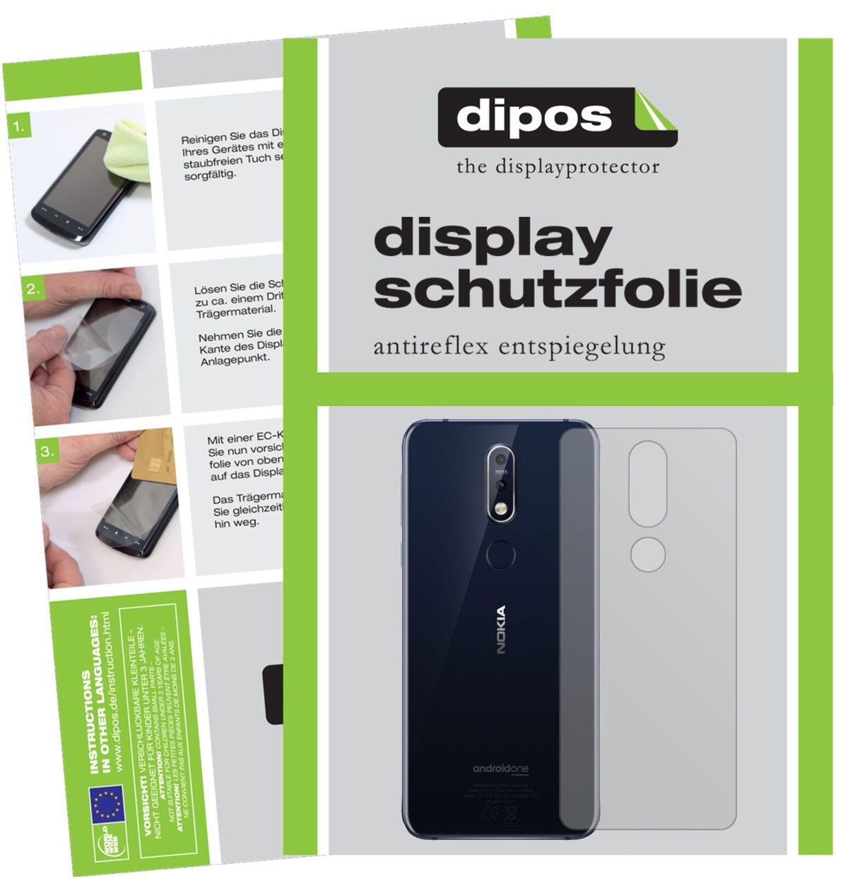 Nokia7.1 Rückseite mit aufgebrachter dipos Displayschutzfolie, die lästige Fingerabdrücke minimiert