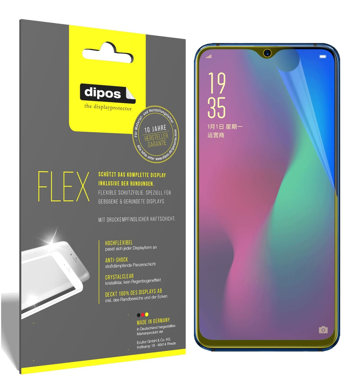 OppoR17 Pro mit aufgebrachter dipos Displayschutzfolie, glasklare Darstellung ohne Einschränkungen