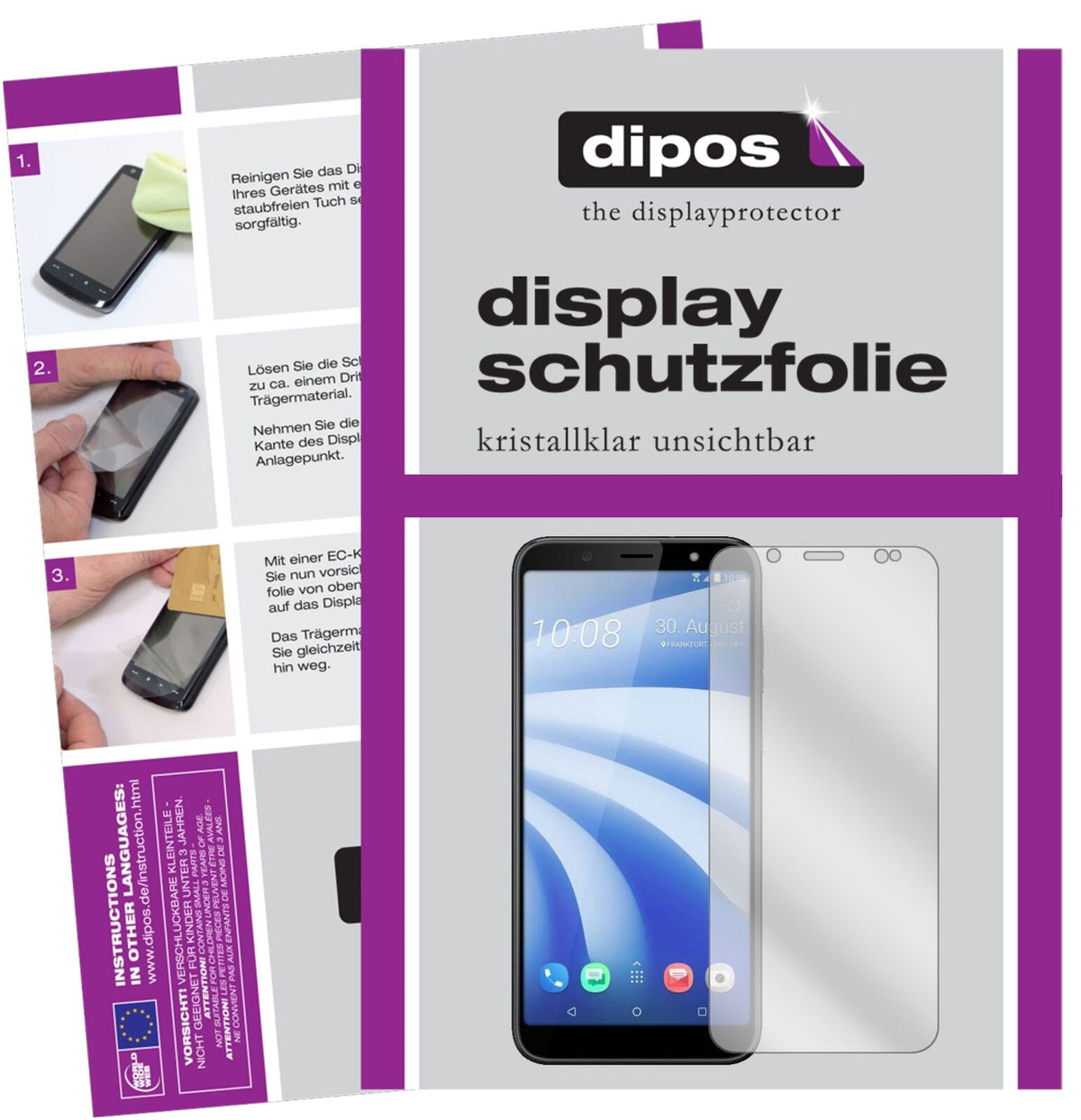 HTCU12 Life mit aufgebrachter dipos Displayschutzfolie, glasklare Darstellung ohne Einschränkungen