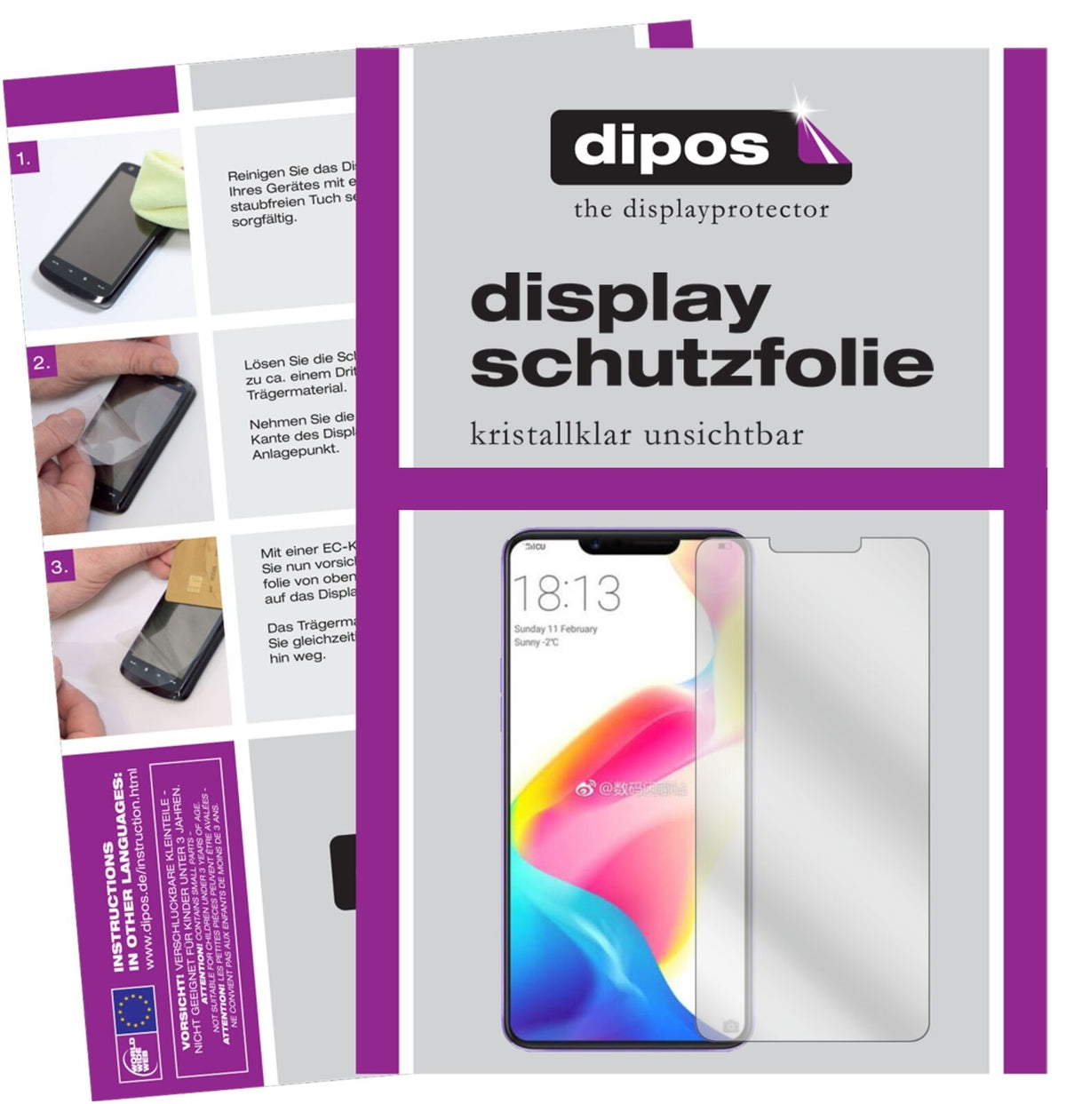 OppoR15 mit aufgebrachter dipos Displayschutzfolie, glasklare Darstellung ohne Einschränkungen