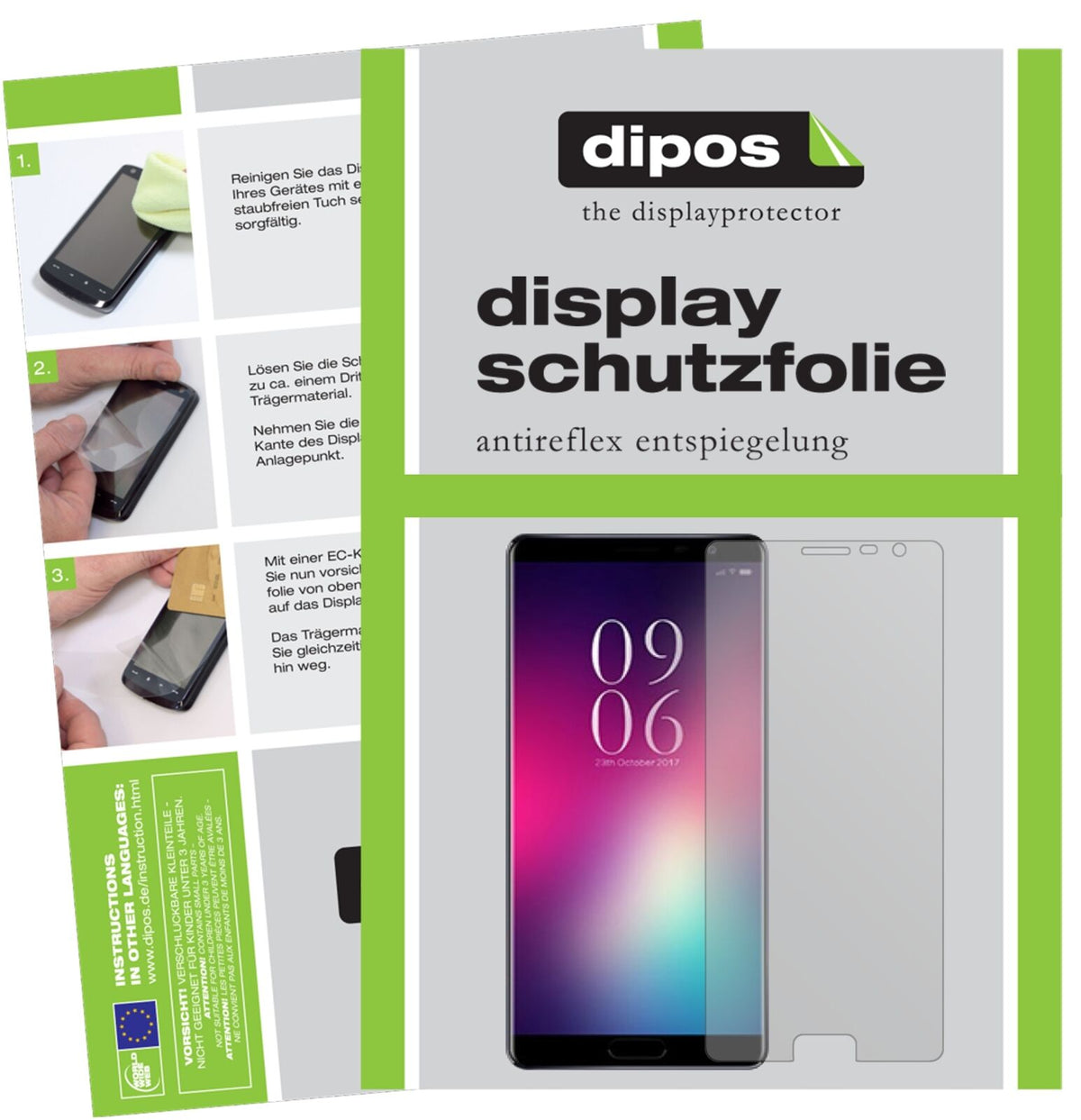 ElephoneC9 mit aufgebrachter dipos Displayschutzfolie, die lästige Fingerabdrücke minimiert