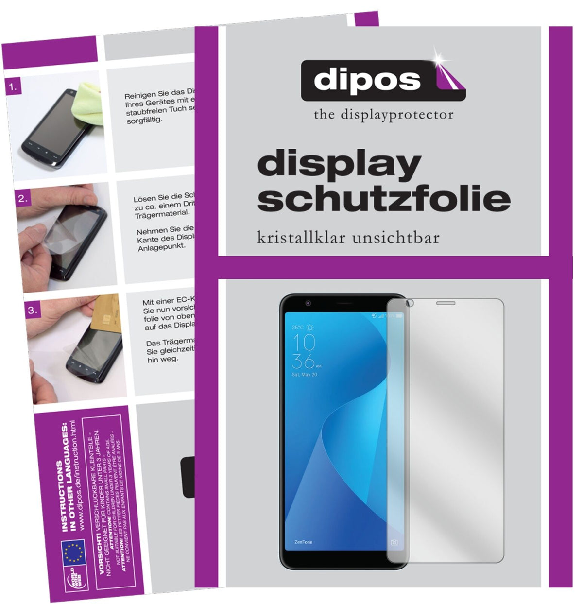 AsusZenFone Max Plus M1 (ZB570TL) mit aufgebrachter dipos Displayschutzfolie, glasklare Darstellung ohne Einschränkungen