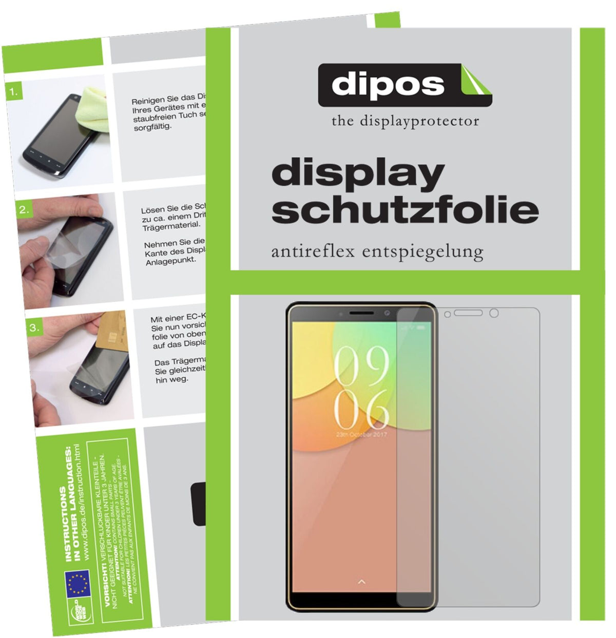 ElephoneA2 mit aufgebrachter dipos Displayschutzfolie, die lästige Fingerabdrücke minimiert