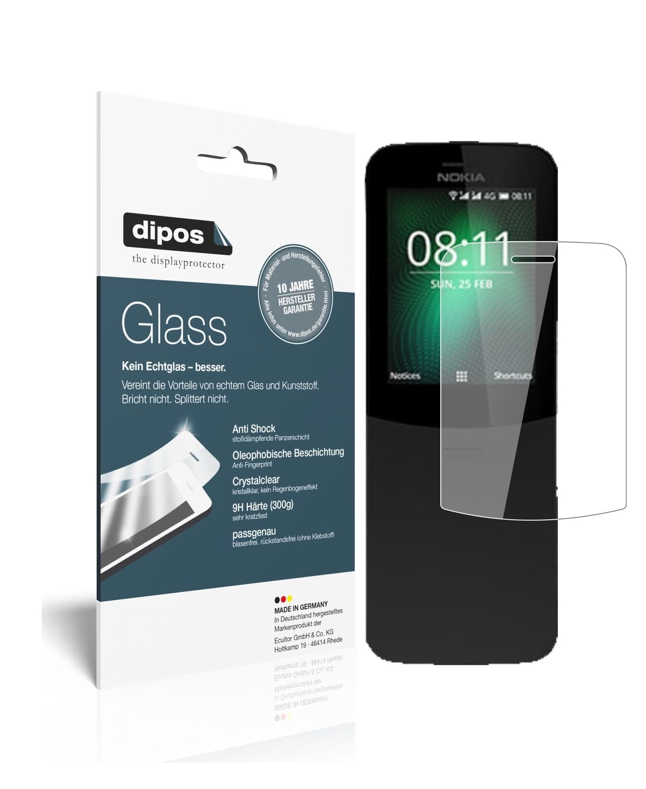 Nokia8810 mit aufgebrachter dipos Flex Schutzfolie, glasklare Darstellung ohne Einschränkungen