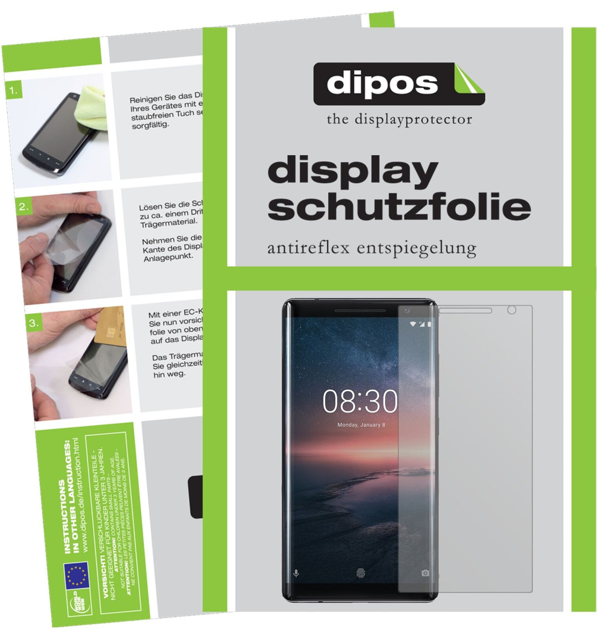 Nokia8 Sirocco mit aufgebrachter dipos Displayschutzfolie, die lästige Fingerabdrücke minimiert