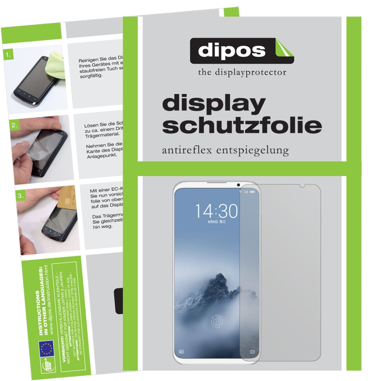 Meizu16 Plus mit aufgebrachter dipos Displayschutzfolie, die lästige Fingerabdrücke minimiert