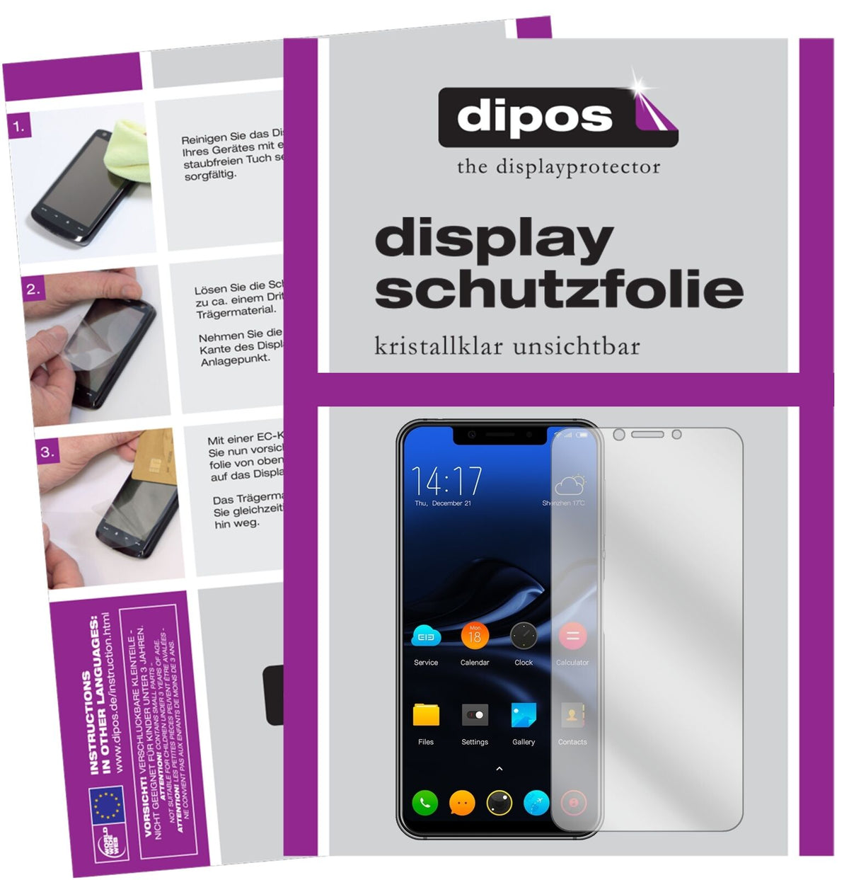 ElephoneA4 mit aufgebrachter dipos Displayschutzfolie, glasklare Darstellung ohne Einschränkungen
