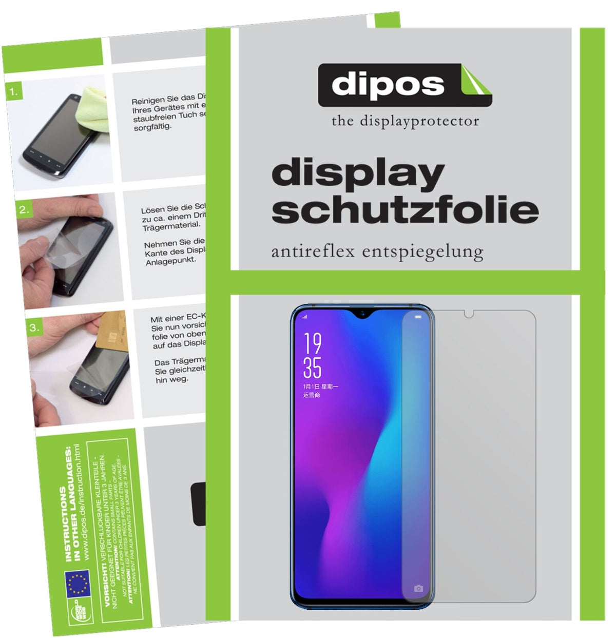 OppoR17 Pro mit aufgebrachter dipos Displayschutzfolie, die lästige Fingerabdrücke minimiert