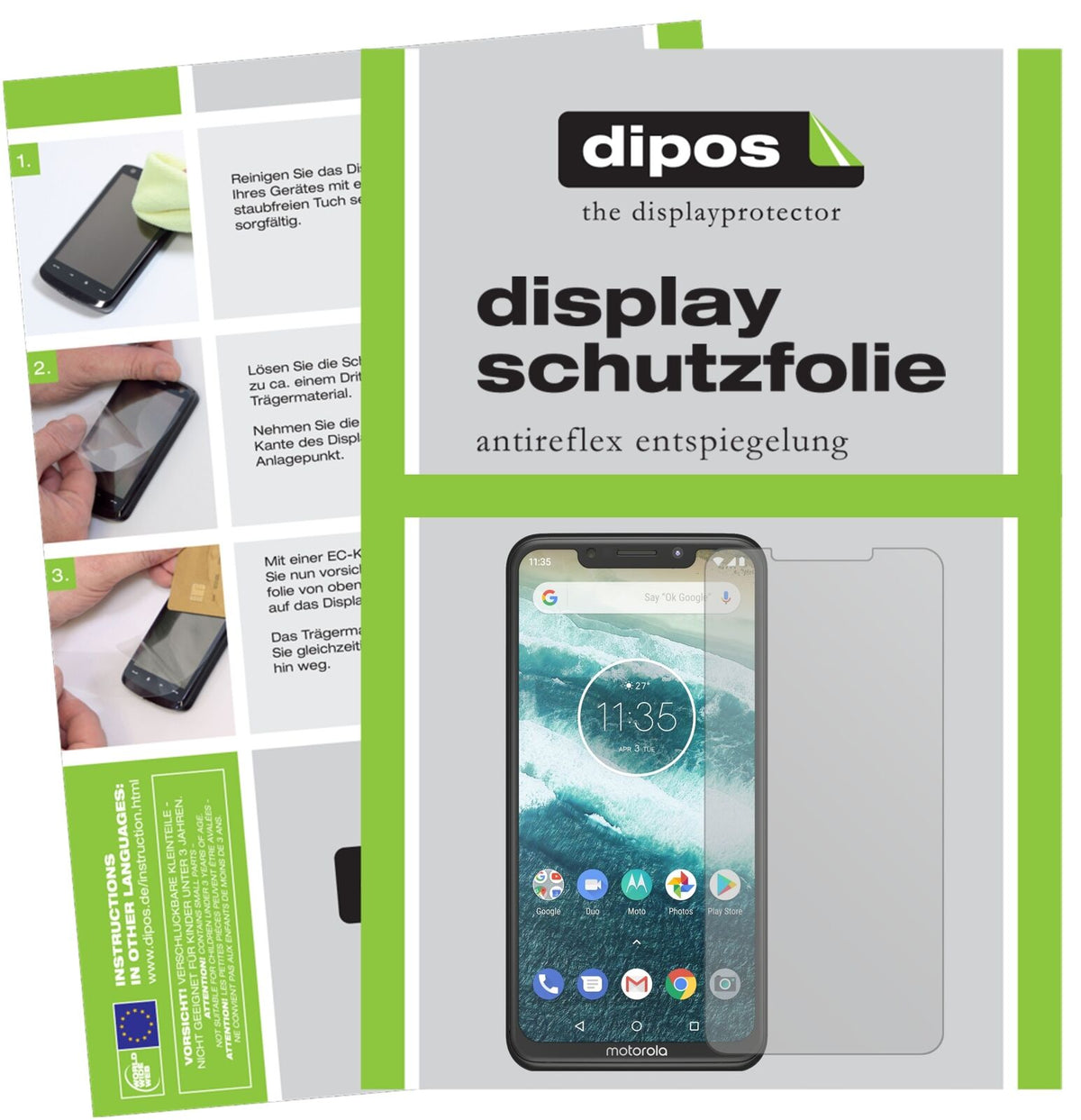 MotorolaOne Power mit aufgebrachter dipos Displayschutzfolie, die lästige Fingerabdrücke minimiert