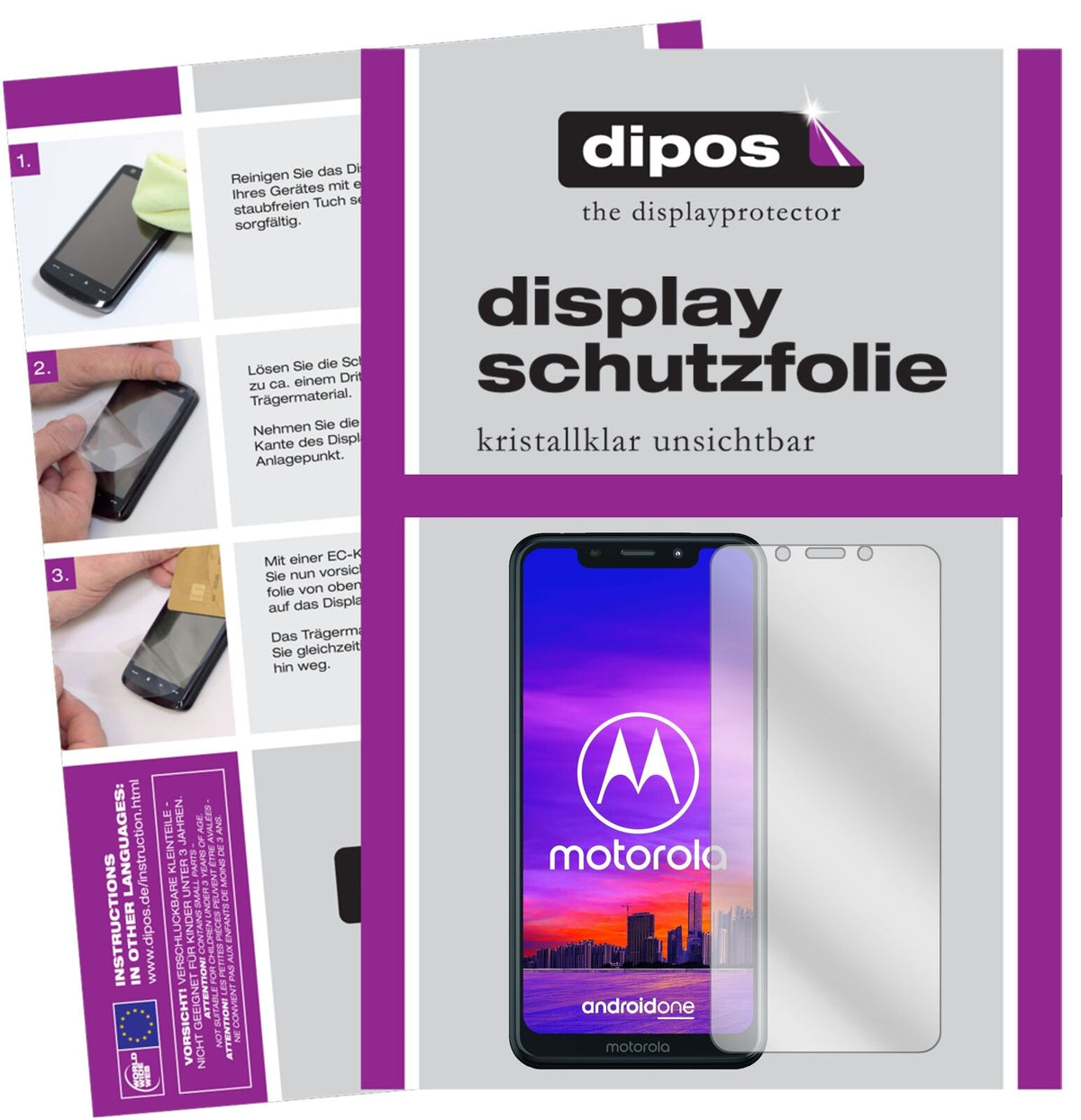MotorolaOne mit aufgebrachter dipos Displayschutzfolie, glasklare Darstellung ohne Einschränkungen